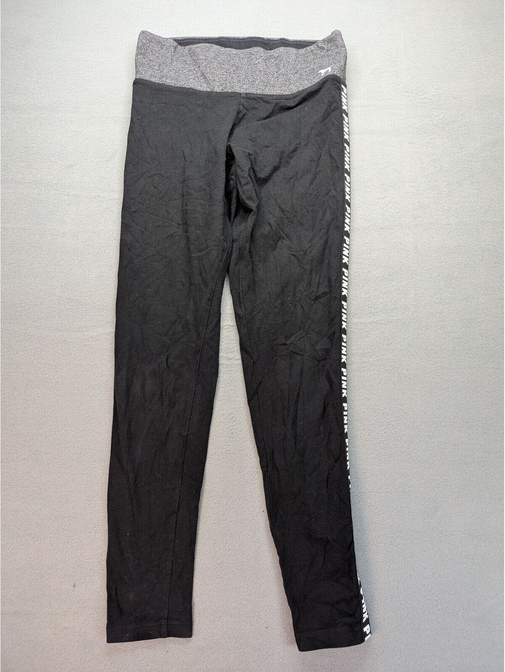 PINK Yoga Leggings Womens S Black Gray Foldover Waist Logo Side Stripe Ankle